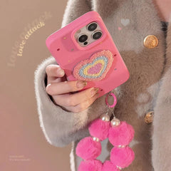 3D Rainbow Heart Pink Plush Fabric iPhone Case With Fur Pearl Lanyard
