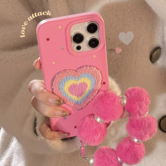 3D Rainbow Heart Pink Plush Fabric iPhone Case With Fur Pearl Lanyard