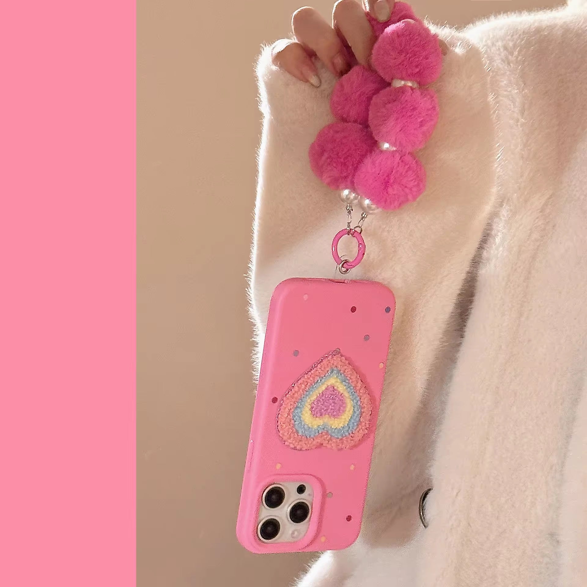 3D Rainbow Heart Pink Plush Fabric iPhone Case With Fur Pearl Lanyard