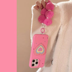 3D Rainbow Heart Pink Plush Fabric iPhone Case With Fur Pearl Lanyard