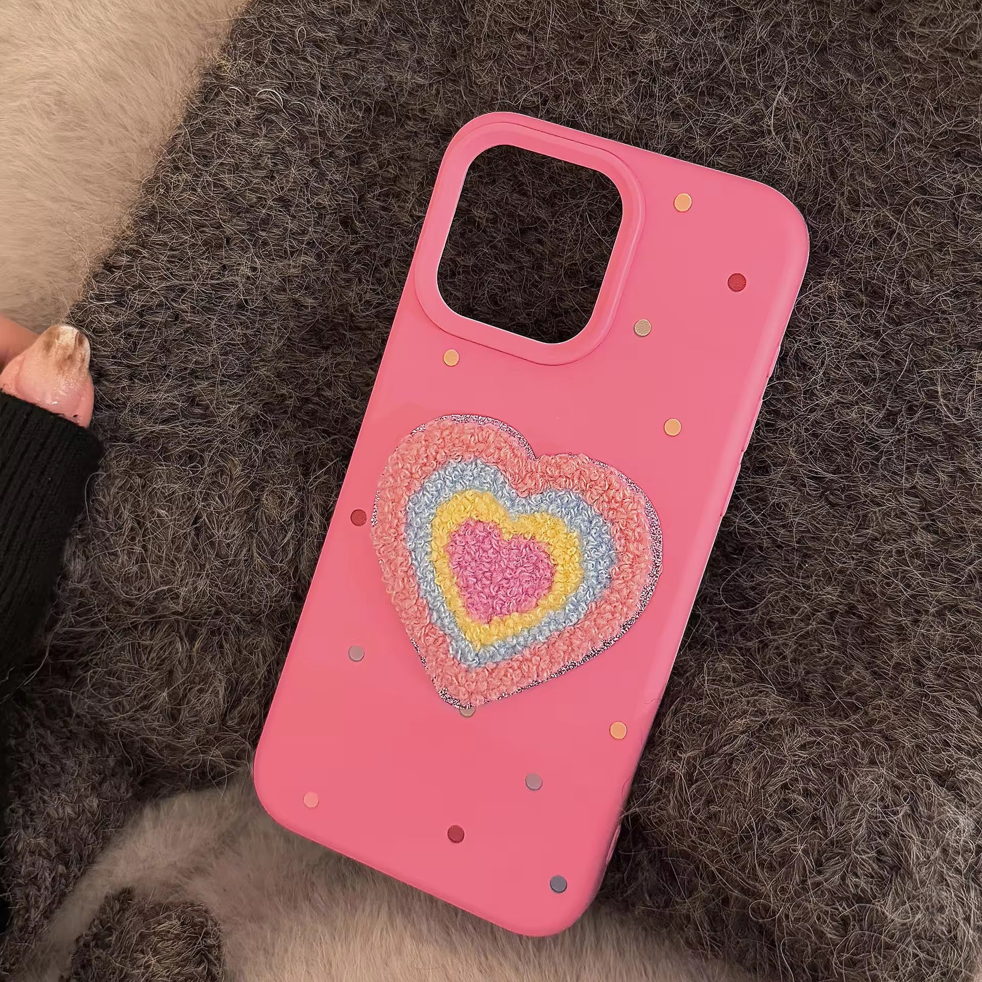 3D Rainbow Heart Pink Plush Fabric iPhone Case With Fur Pearl Lanyard