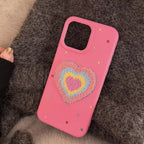 Protective Apple iPhone Back Cover - 3D Rainbow Heart Pink Plush Fabric iPhone Case With Fur Pearl Lanyard - Style 5