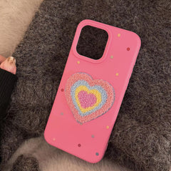 3D Rainbow Heart Pink Plush Fabric iPhone Case With Fur Pearl Lanyard