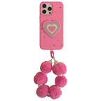 Protective Apple iPhone Back Cover - 3D Rainbow Heart Pink Plush Fabric iPhone Case With Fur Pearl Lanyard - Style 6