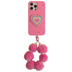 3D Rainbow Heart Pink Plush Fabric iPhone Case With Fur Pearl Lanyard
