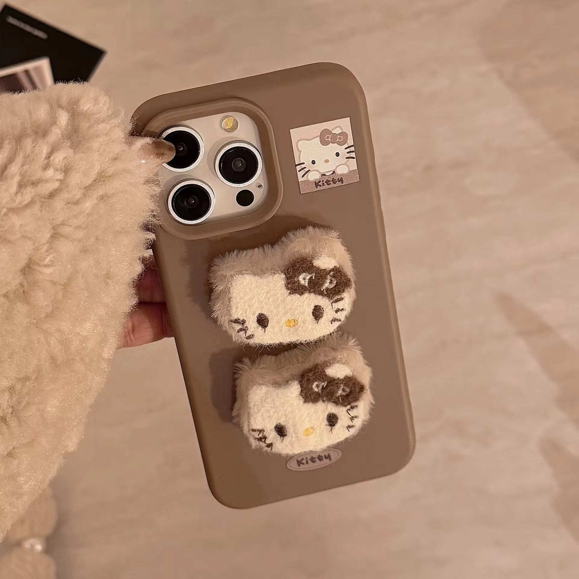 3D Hello Kitty Cartoon Brown Plush Fabric iPhone Case With Fur Pearl Lanyard