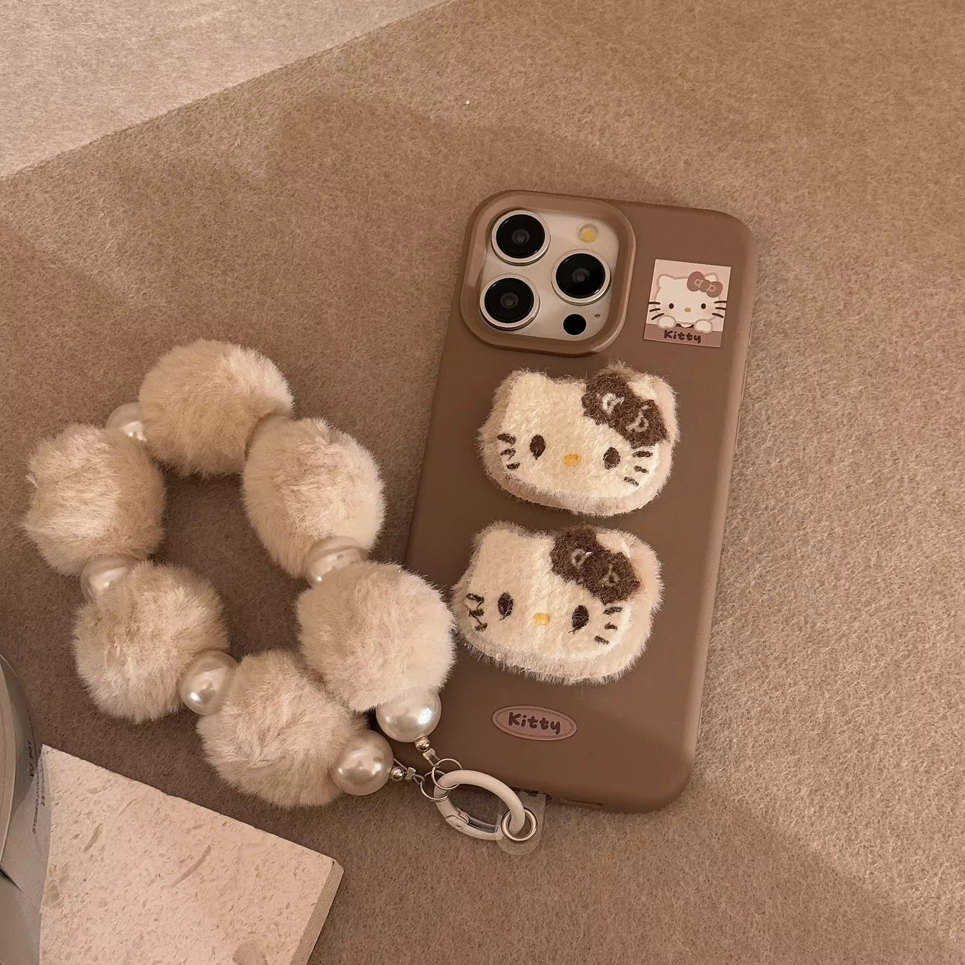 3D Hello Kitty Cartoon Brown Plush Fabric iPhone Case With Fur Pearl Lanyard