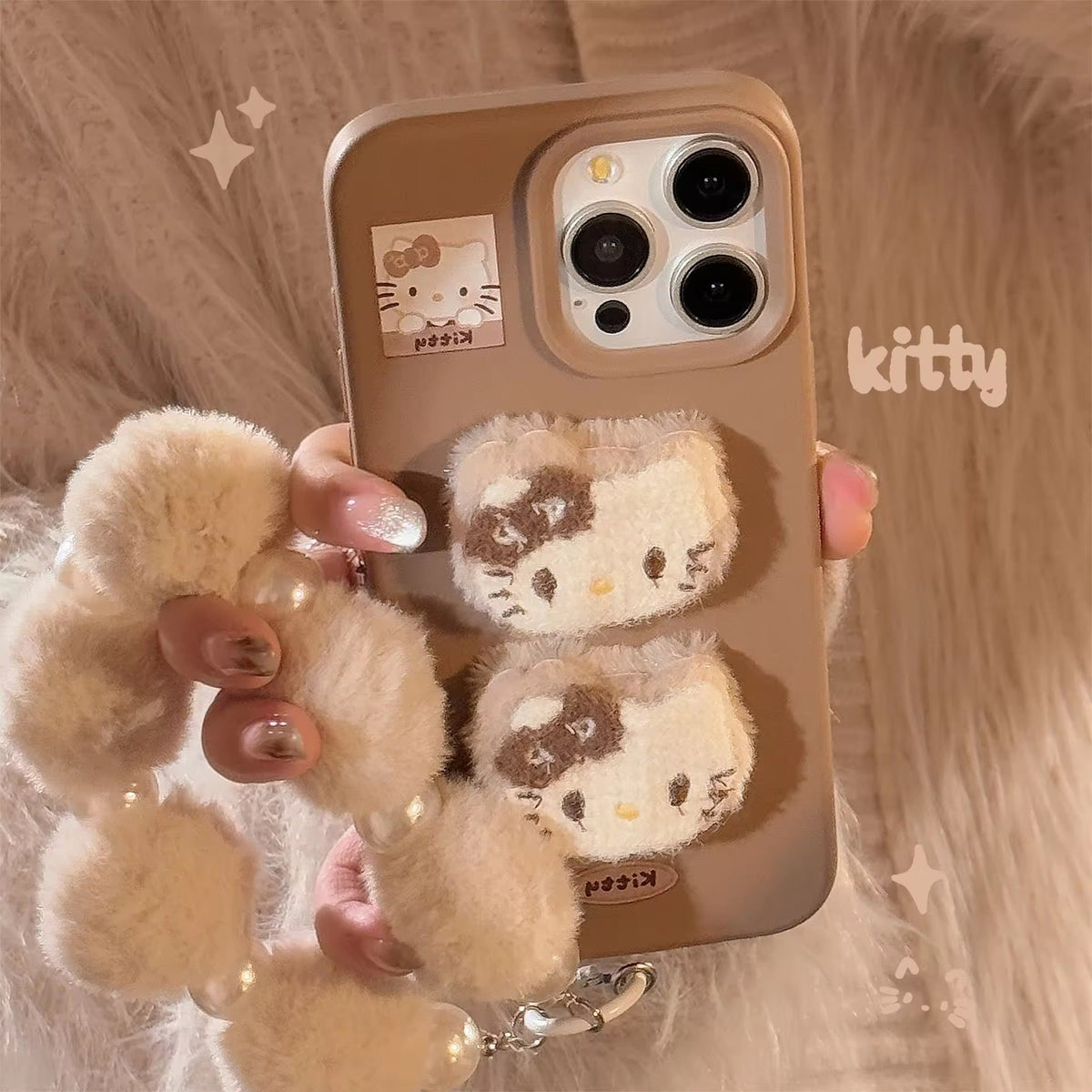 3D Hello Kitty Cartoon Brown Plush Fabric iPhone Case With Fur Pearl Lanyard