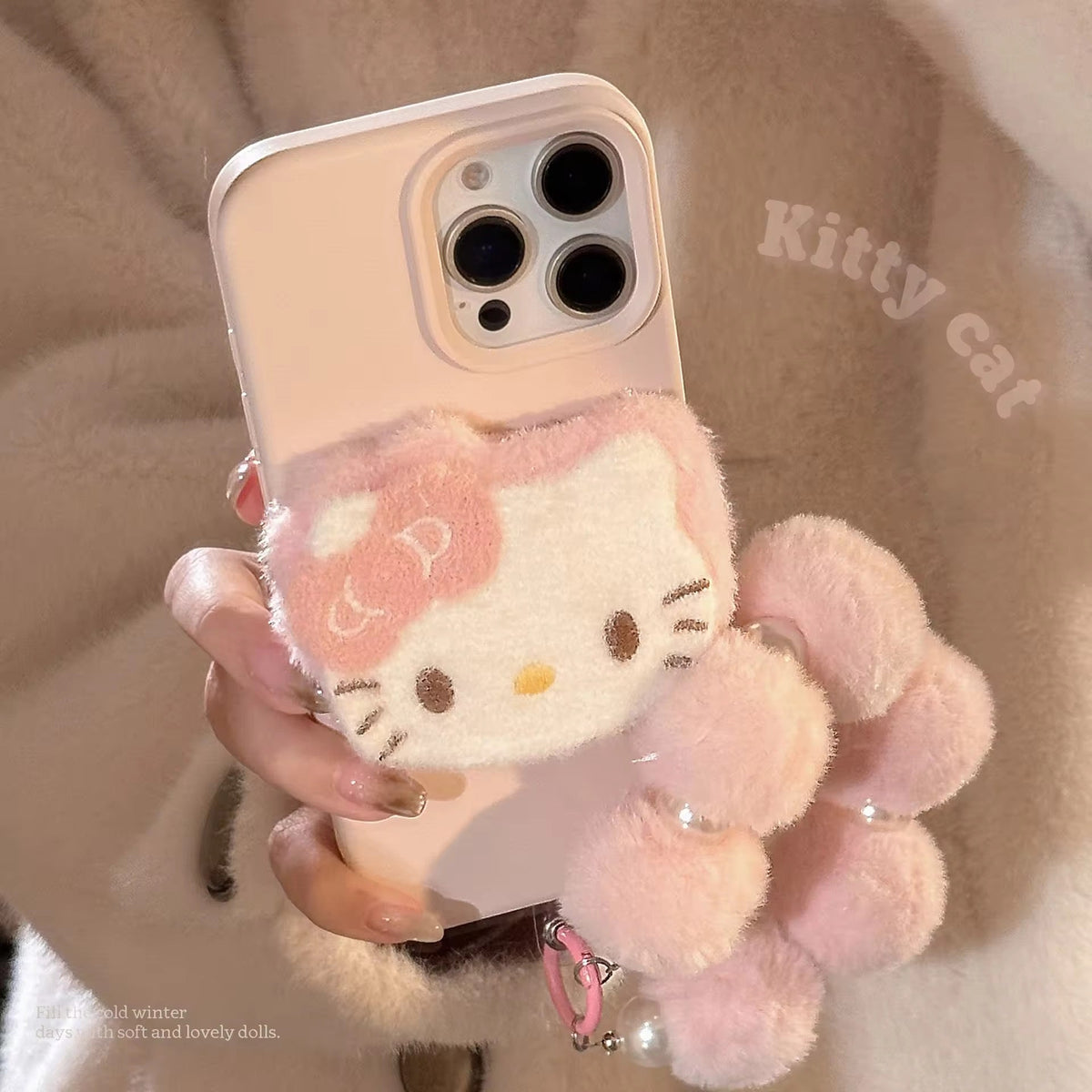 3D Hello Kitty Cartoon Pink Plush Fabric iPhone Case With Fur Pearl Lanyard