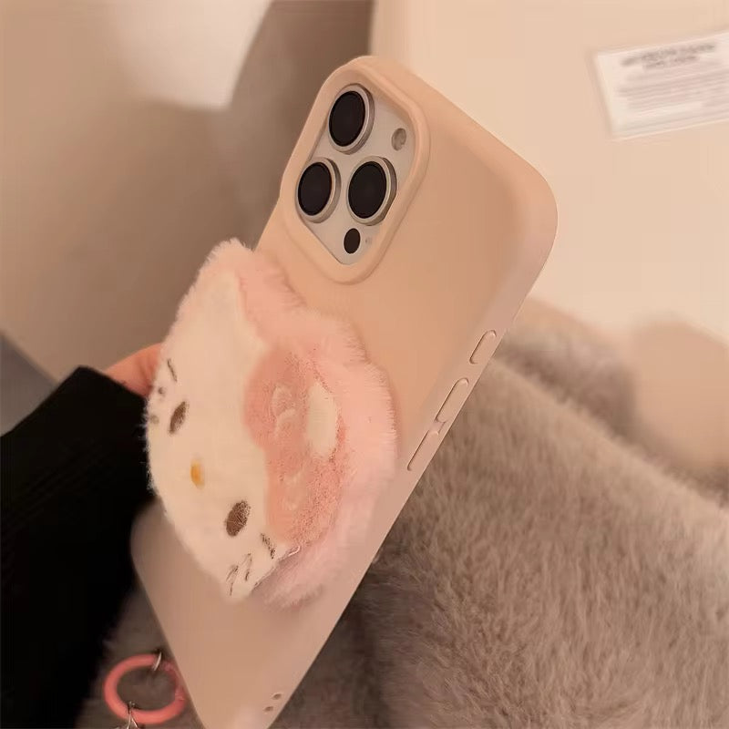 3D Hello Kitty Cartoon Pink Plush Fabric iPhone Case With Fur Pearl Lanyard