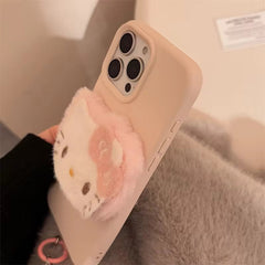 3D Hello Kitty Cartoon Pink Plush Fabric iPhone Case With Fur Pearl Lanyard