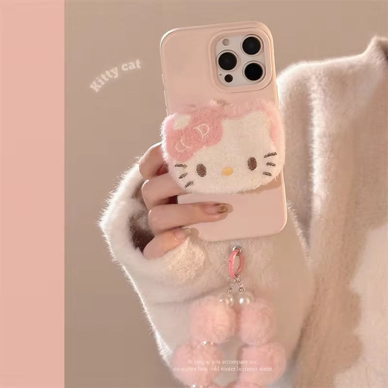 3D Hello Kitty Cartoon Pink Plush Fabric iPhone Case With Fur Pearl Lanyard