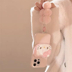 3D Hello Kitty Cartoon Pink Plush Fabric iPhone Case With Fur Pearl Lanyard