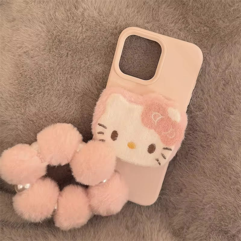 3D Hello Kitty Cartoon Pink Plush Fabric iPhone Case With Fur Pearl Lanyard