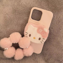 3D Hello Kitty Cartoon Pink Plush Fabric iPhone Case With Fur Pearl Lanyard