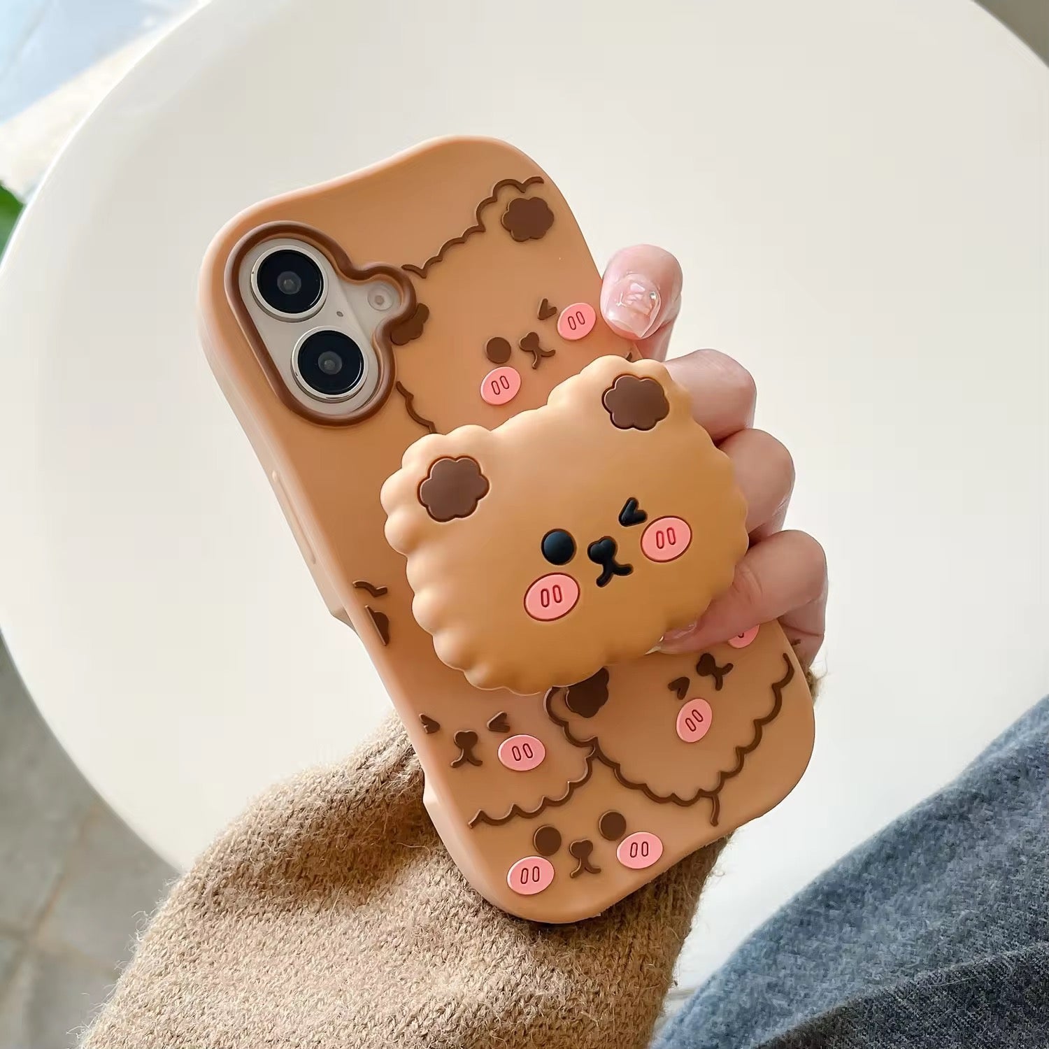 Protective Apple iPhone Back Cover - 3D Brown Bear Phone Holder Rubber Silicone iPhone Case - Style 3