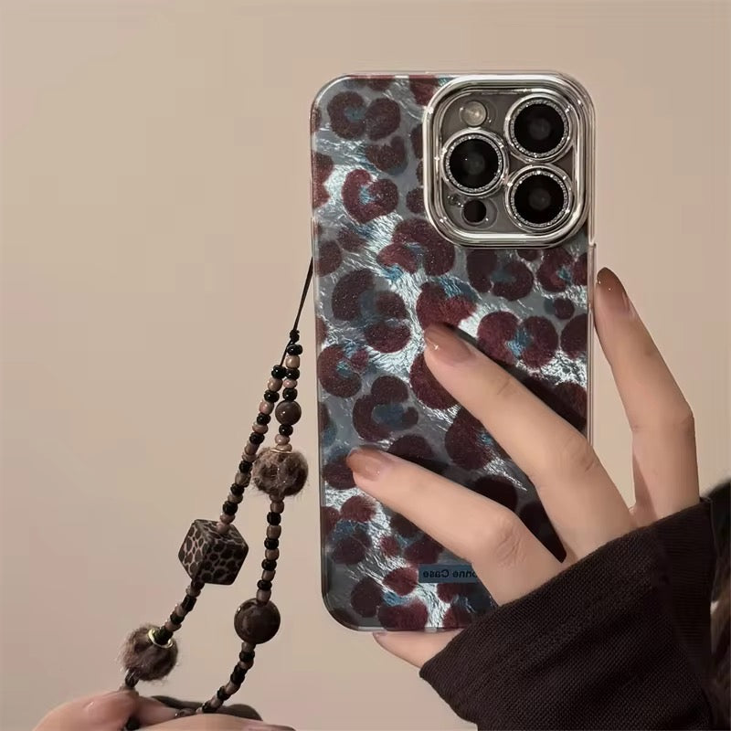 Protective Apple iPhone Back Cover - Leopard Gradient Lanyard Bracelet Silver Border Camera Protector iPhone Case - Style 2