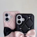 Protective Apple iPhone Back Cover - Luxury Leather Black Case Pink Bow Glitter Diamond iPhone Case - Style 5