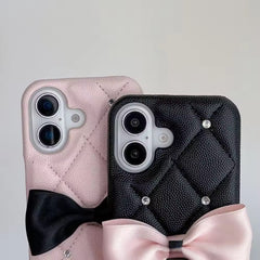 Luxury Leather Black Case Pink Bow Glitter Diamond iPhone Case