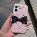 Protective Apple iPhone Back Cover - Luxury Leather Black Case Pink Bow Glitter Diamond iPhone Case - Style 4