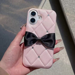 Luxury Leather Black Case Pink Bow Glitter Diamond iPhone Case