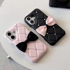 Protective Apple iPhone Back Cover - Luxury Leather Black Case Pink Bow Glitter Diamond iPhone Case - Style 3