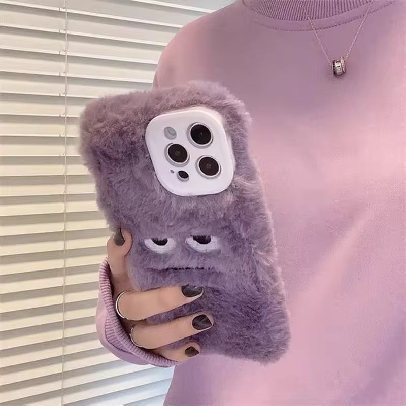 Protective Apple iPhone Back Cover - Purple Fluffy Cute Straight Face Plus Fur iPhone Case - Style 4