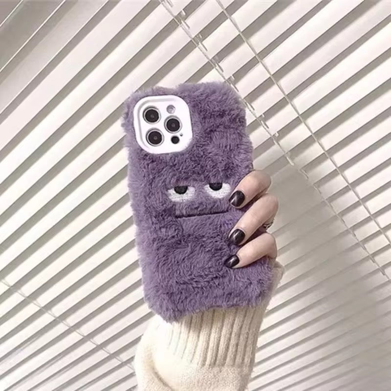Protective Apple iPhone Back Cover - Purple Fluffy Cute Straight Face Plus Fur iPhone Case