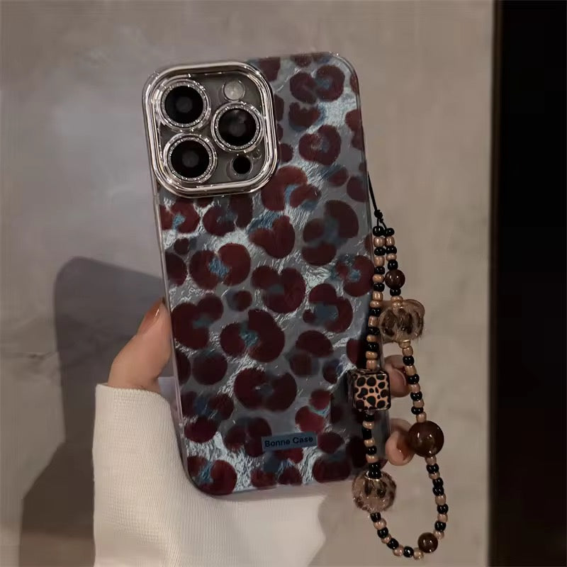 Protective Apple iPhone Back Cover - Leopard Gradient Lanyard Bracelet Silver Border Camera Protector iPhone Case