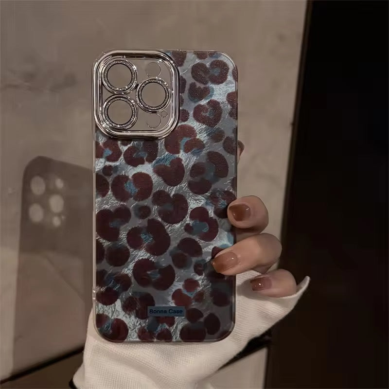Protective Apple iPhone Back Cover - Leopard Gradient Lanyard Bracelet Silver Border Camera Protector iPhone Case - Style 5