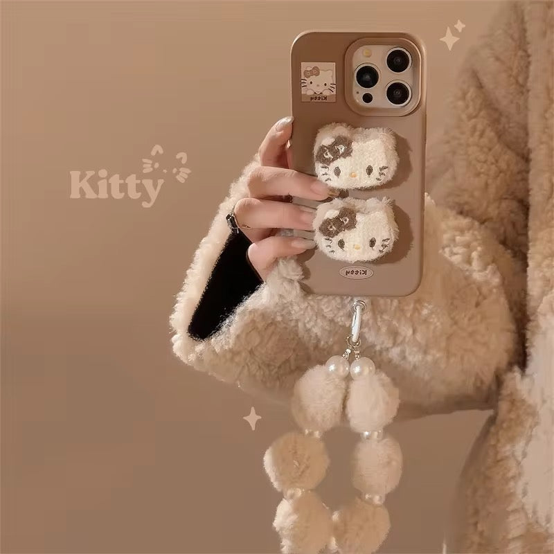 3D Hello Kitty Cartoon Brown Plush Fabric iPhone Case With Fur Pearl Lanyard