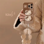 Protective Apple iPhone Back Cover - 3D Hello Kitty Cartoon Brown Plush Fabric iPhone Case With Fur Pearl Lanyard - Style 2