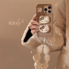 3D Hello Kitty Cartoon Brown Plush Fabric iPhone Case With Fur Pearl Lanyard