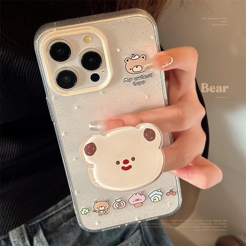 Protective Apple iPhone Back Cover - Cute Bling Glitter Transparent Bear Phone Holder iPhone Case