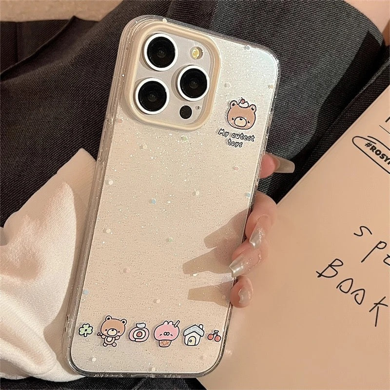 Protective Apple iPhone Back Cover - Cute Bling Glitter Transparent Bear Phone Holder iPhone Case - Style 5