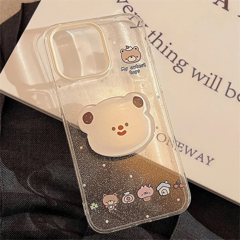 Protective Apple iPhone Back Cover - Cute Bling Glitter Transparent Bear Phone Holder iPhone Case - Style 6