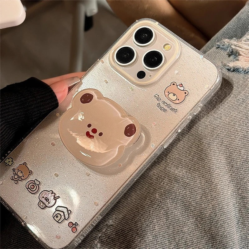 Protective Apple iPhone Back Cover - Cute Bling Glitter Transparent Bear Phone Holder iPhone Case - Style 2