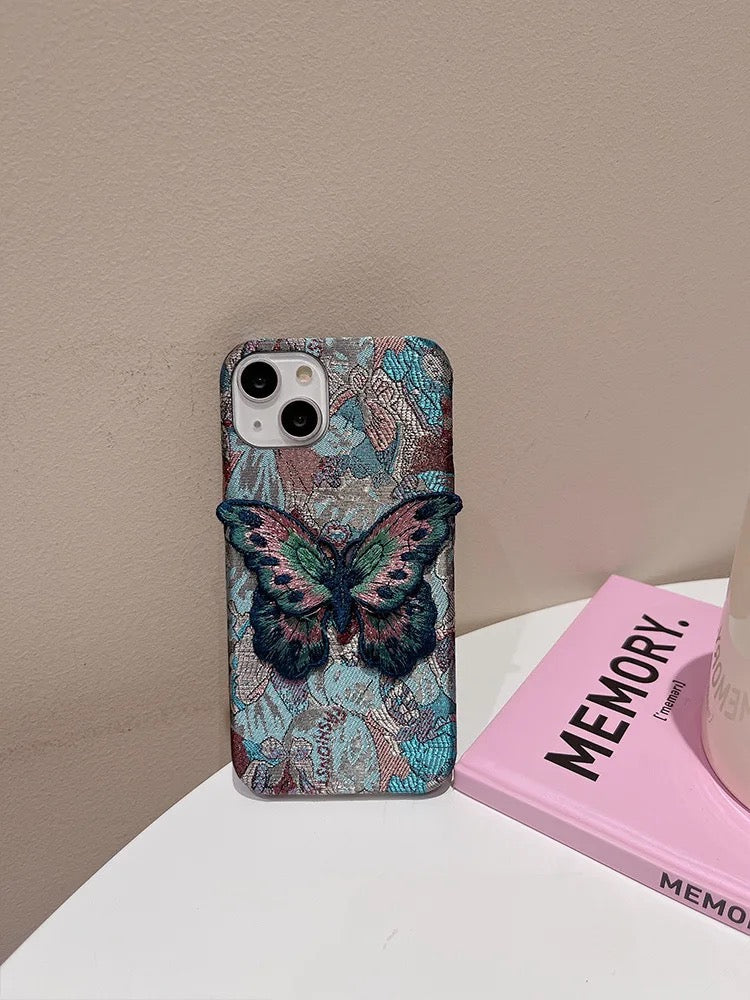 Protective Apple iPhone Back Cover - Embroidery Butterfly Velvet Fabric iPhone Case - Style 2