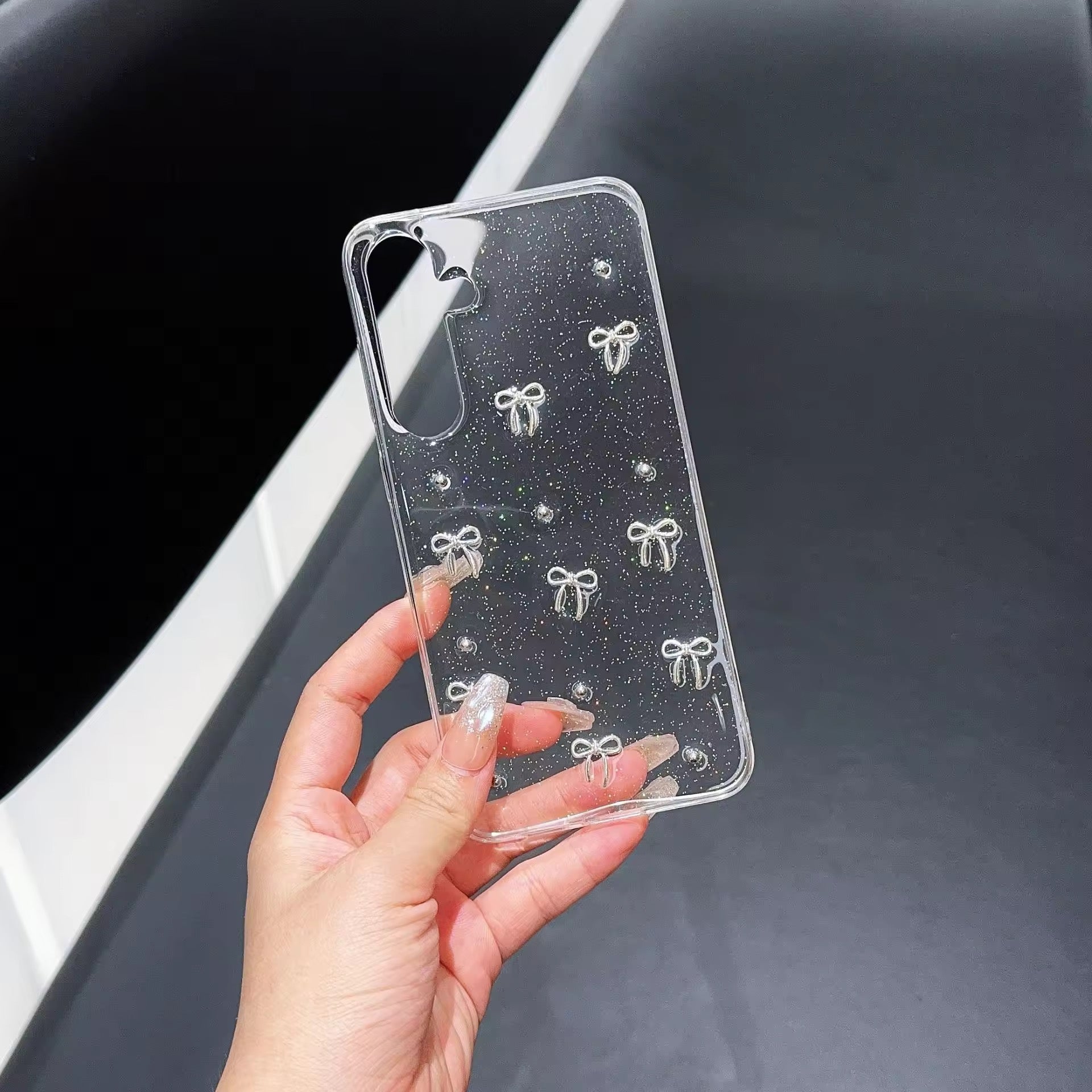 Samsung 3D Glitter Silver Bow Transparent S series Case Mobile Case by CoverMeUp - Style 6