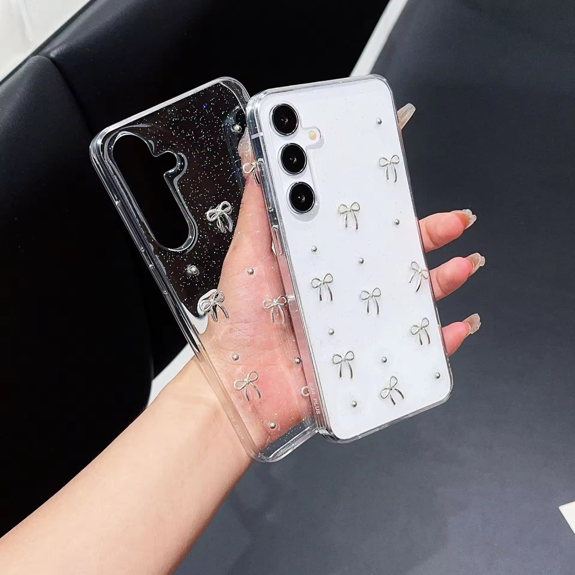 Samsung 3D Glitter Silver Bow Transparent S series Case Mobile Case by CoverMeUp