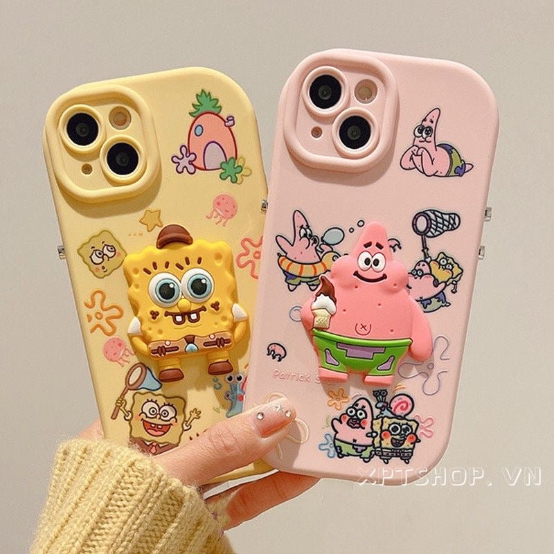 Protective Apple iPhone Back Cover - Yellow 3D Spongebob Strap Lanyard Bracelet iPhone Rubber Silicone Case - Style 2