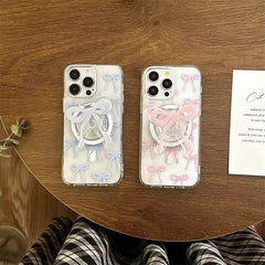 Cute Bow Magsafe Pink Blue iPhone Transparent Soft Only Case