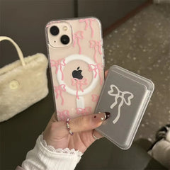 Cute Bow Magsafe Pink Blue iPhone Transparent Soft Only Case