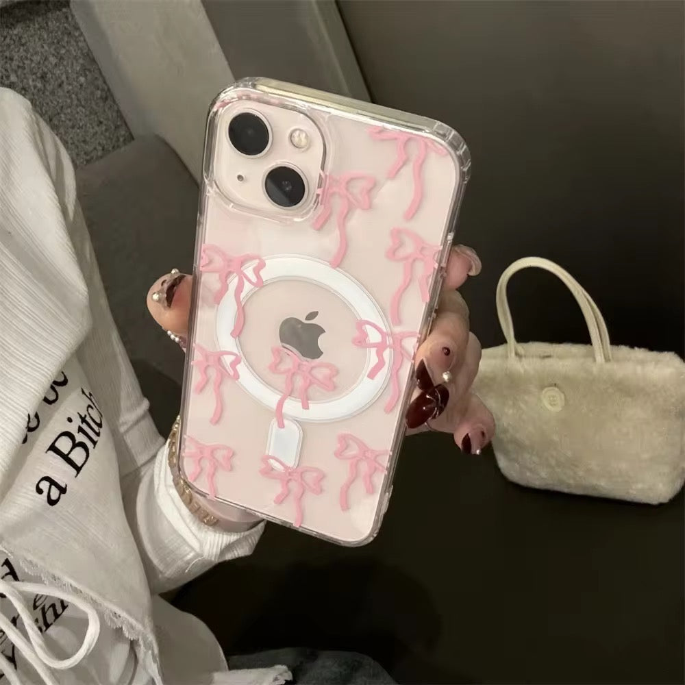 Cute Bow Magsafe Pink Blue iPhone Transparent Soft Only Case