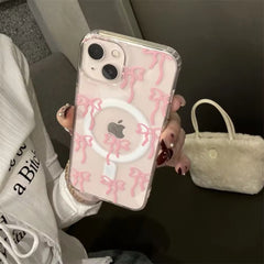 Cute Bow Magsafe Pink Blue iPhone Transparent Soft Only Case