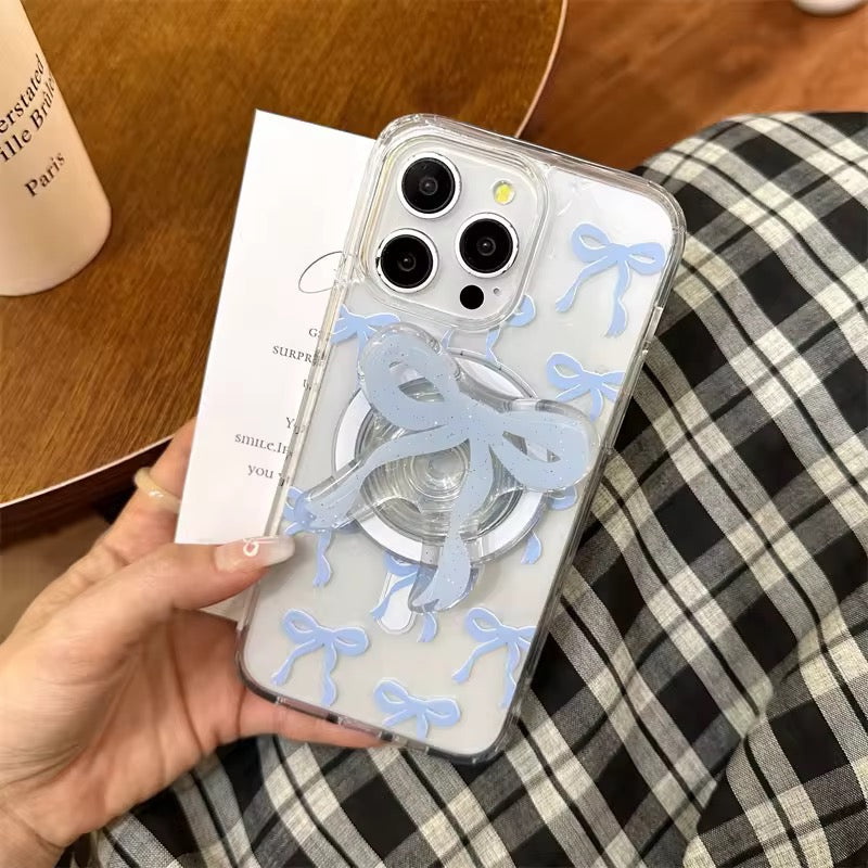 Protective Apple iPhone Back Cover - Cute Bow Magsafe Pink Blue iPhone Transparent Soft Only Case - Style 3