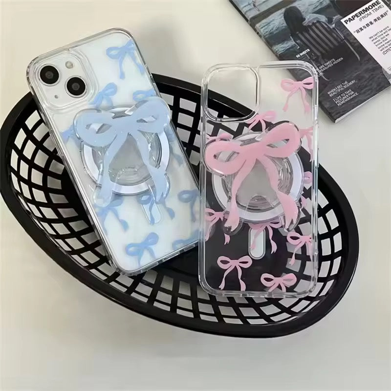 Protective Apple iPhone Back Cover - Cute Bow Magsafe Pink Blue iPhone Transparent Soft Only Case