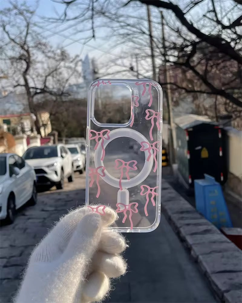 Cute Bow Magsafe Pink Blue iPhone Transparent Soft Only Case