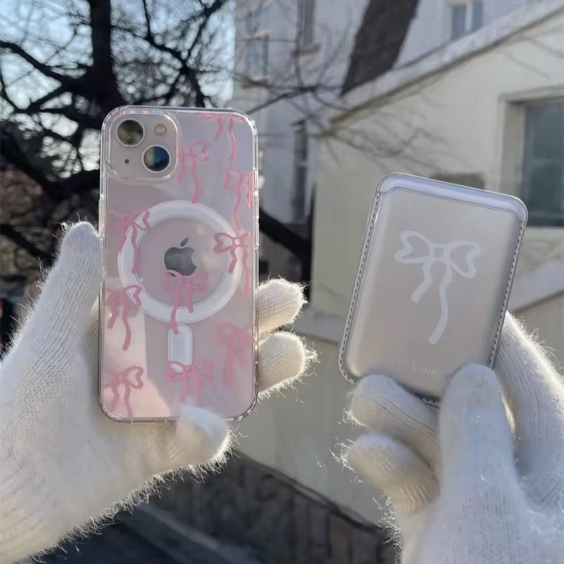 Protective Apple iPhone Back Cover - Cute Bow Magsafe Pink Blue iPhone Transparent Soft Only Case - Style 4