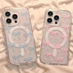 Protective Apple iPhone Back Cover - Cute Bow Magsafe Pink Blue iPhone Transparent Soft Only Case - Style 2
